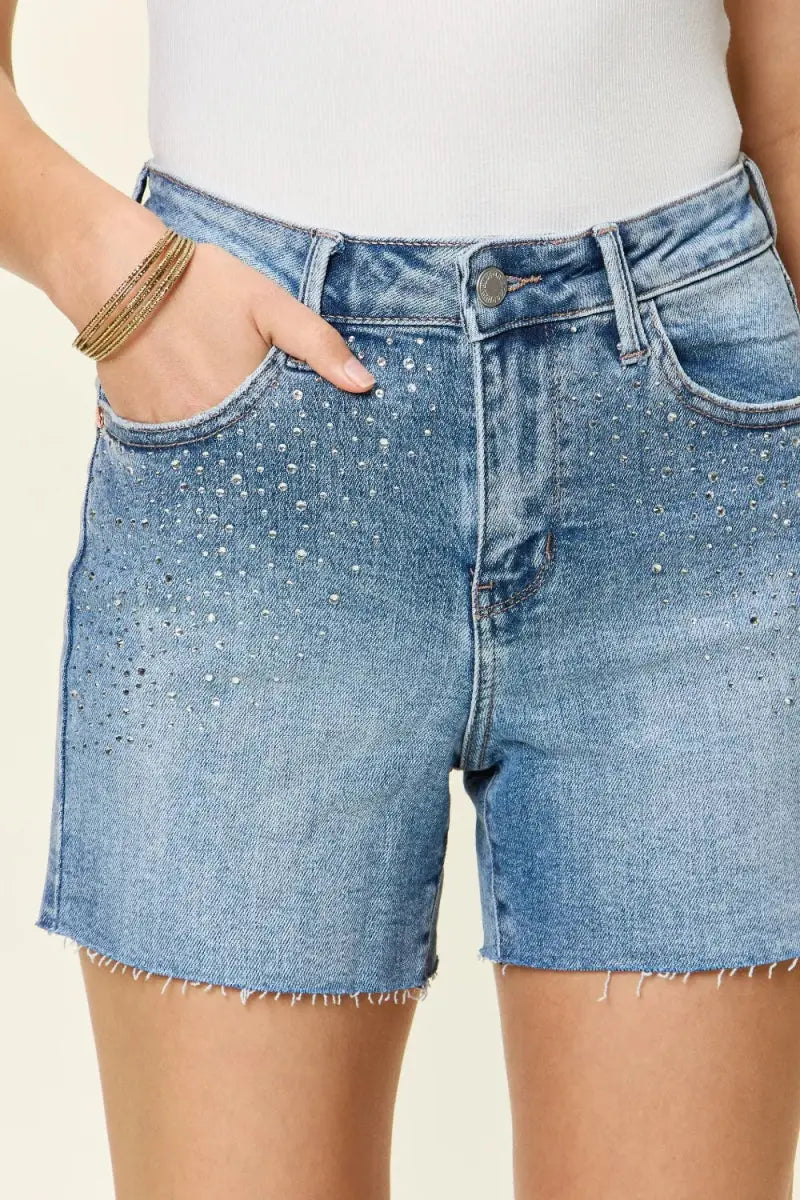 Judy Blue Full Size High Waist Rhinestone Decor Denim Shorts - Love Salve